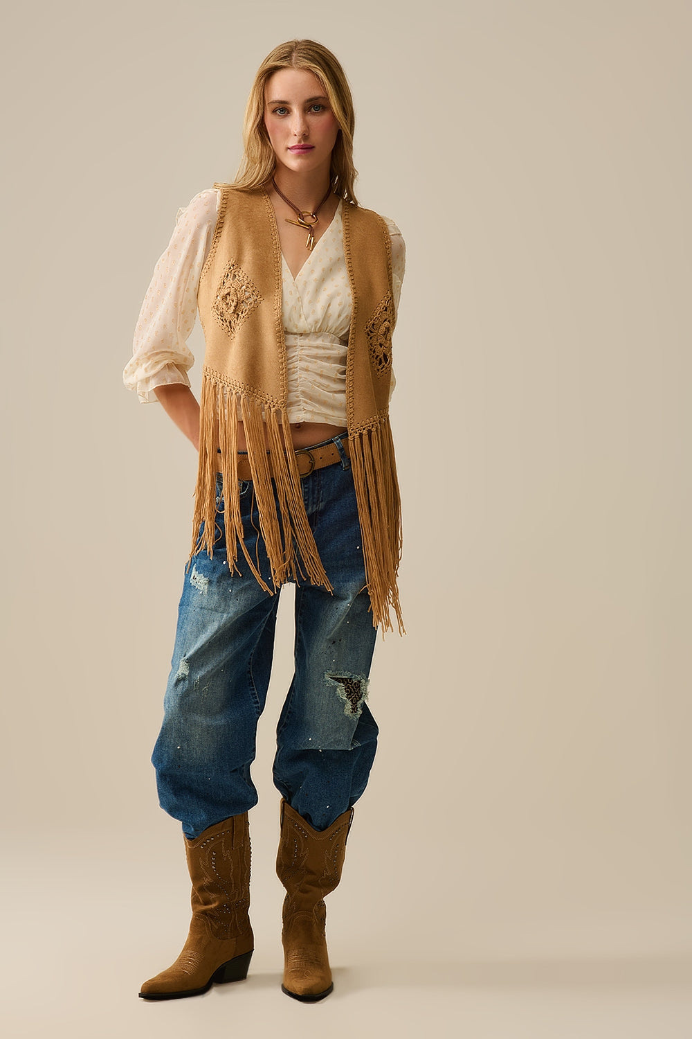 Cowgirl Style Fringe Faux Suede Vest in Camel - Vests