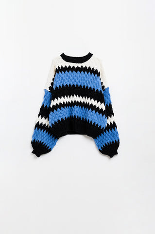 cozy blue white and black zig zag sweater