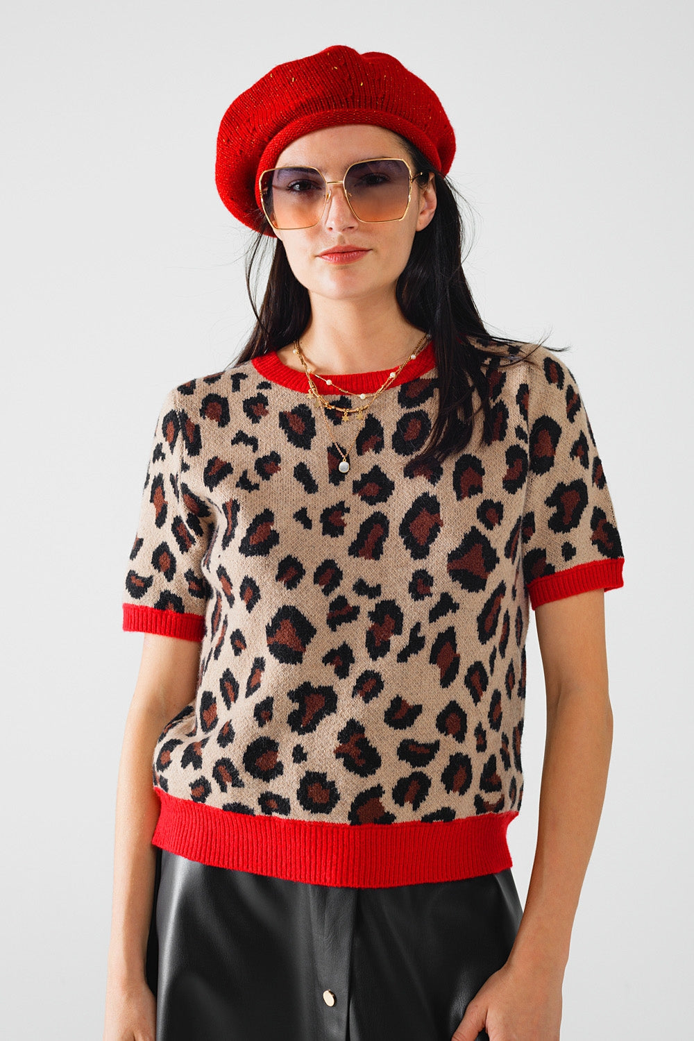 cozy panther print sweater shirt with red edges - T-shirts