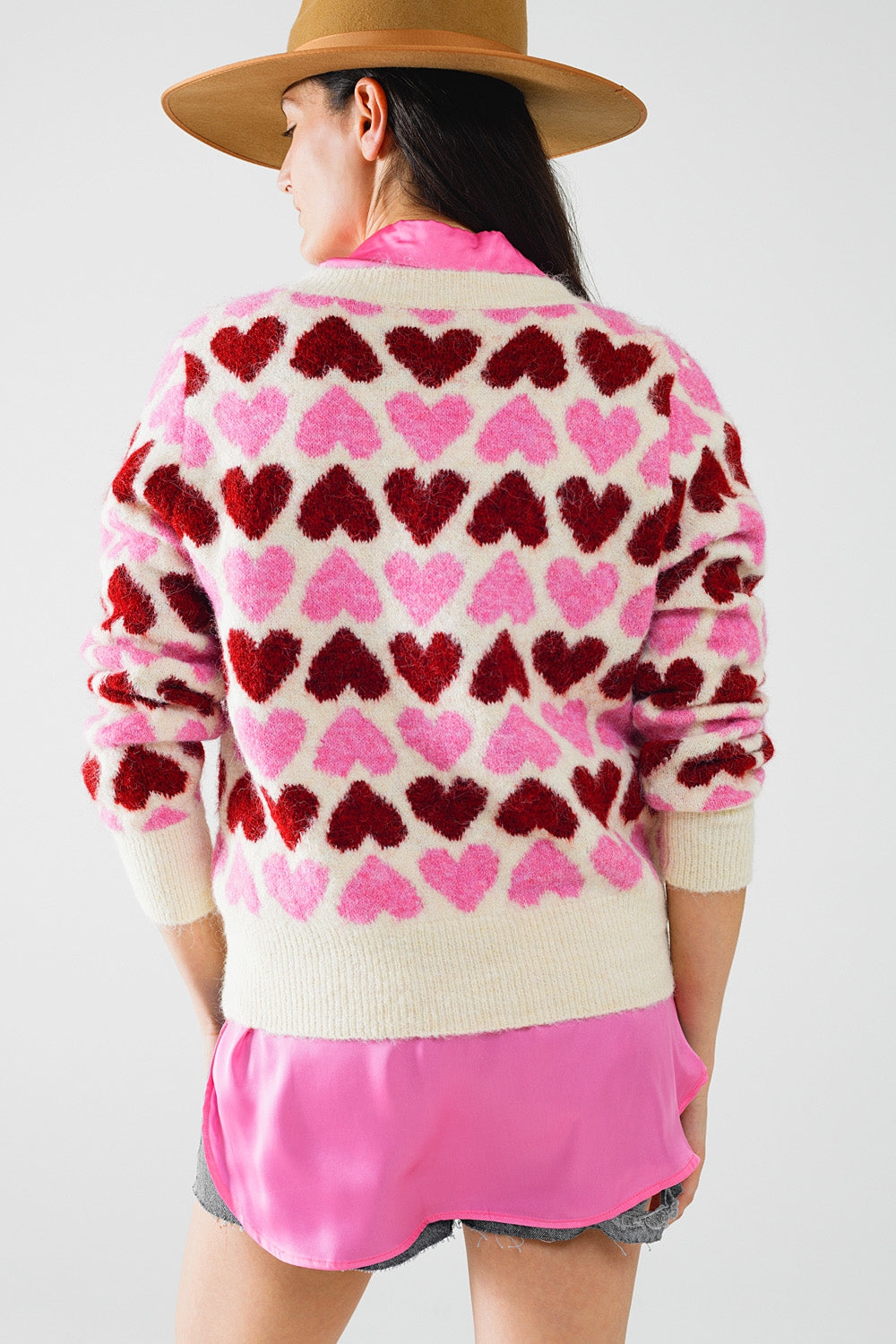 Cozy White Sweater With Pink Hearts Q2 Sweaters BoutiqueLua