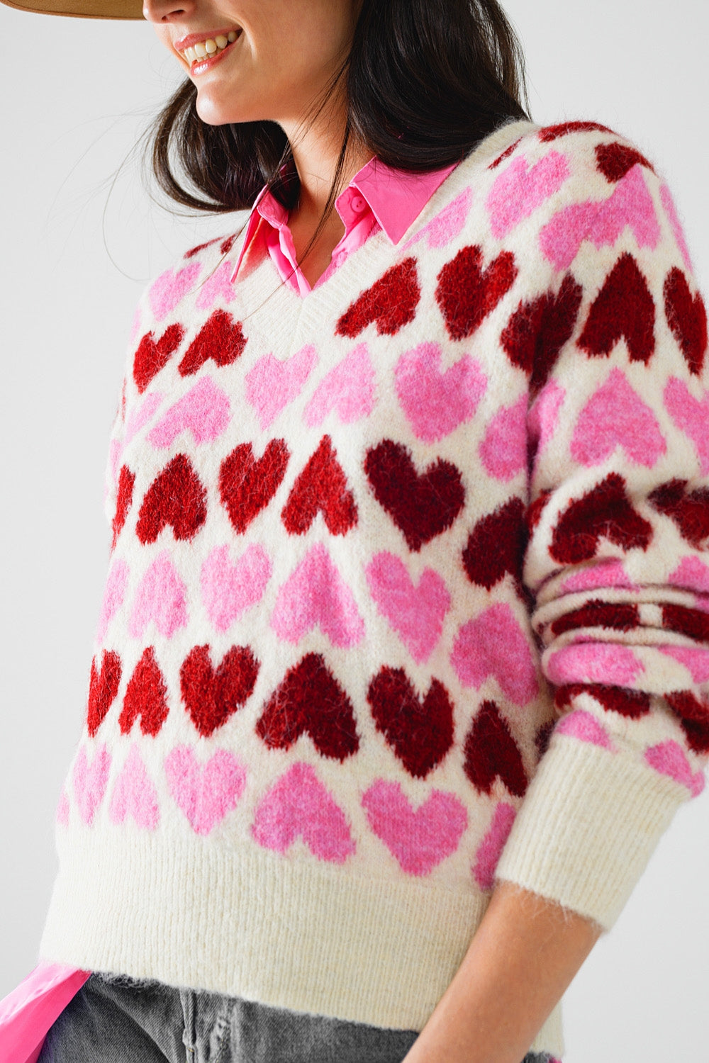 Cozy White Sweater With Pink Hearts Q2 Sweaters BoutiqueLua