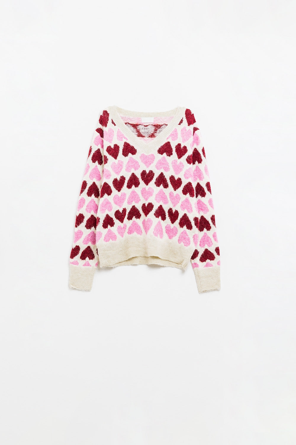 Cozy White Sweater With Pink Hearts Q2 Sweaters BoutiqueLua