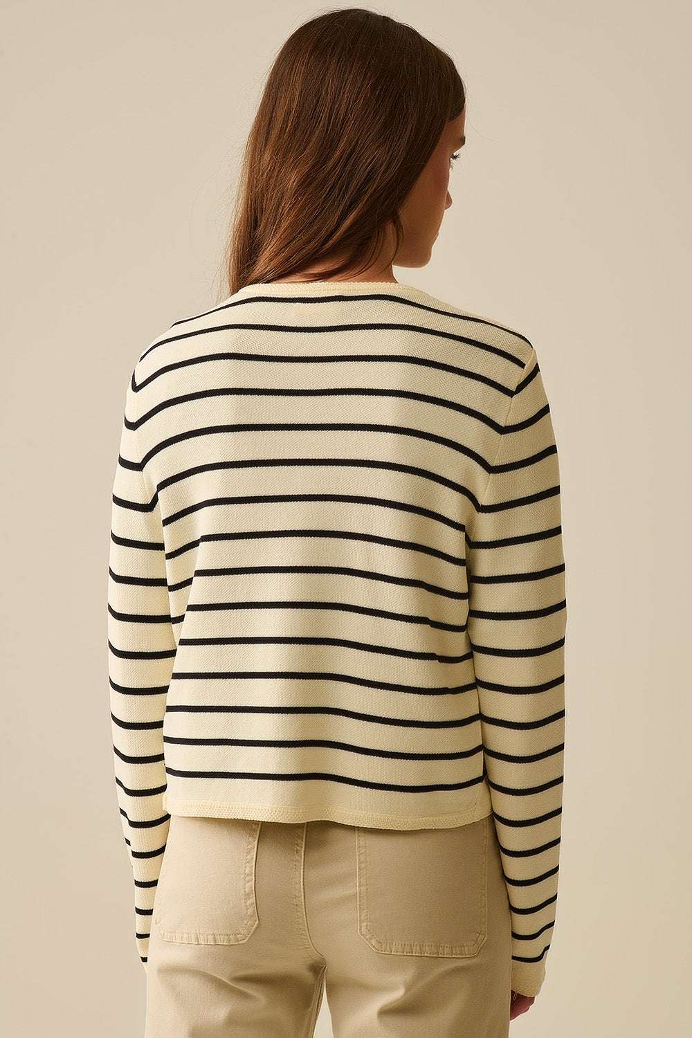 Cream Cardigan with Black Stripes and Gold Buttons - Cardigans