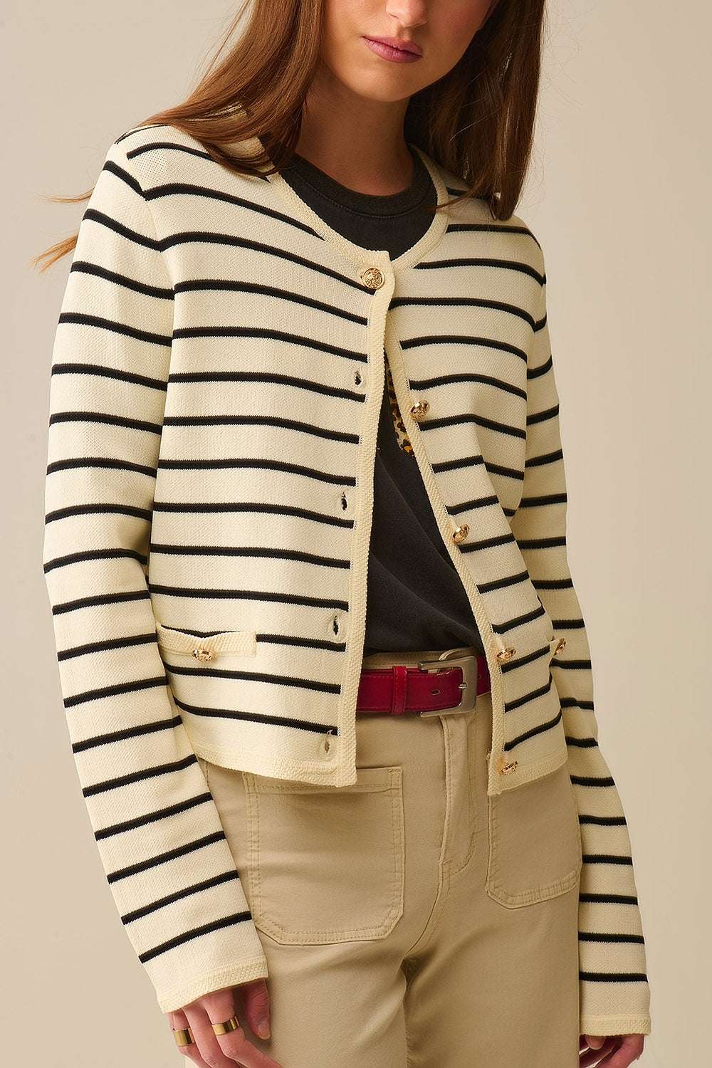 Cream Cardigan with Black Stripes and Gold Buttons - Cardigans