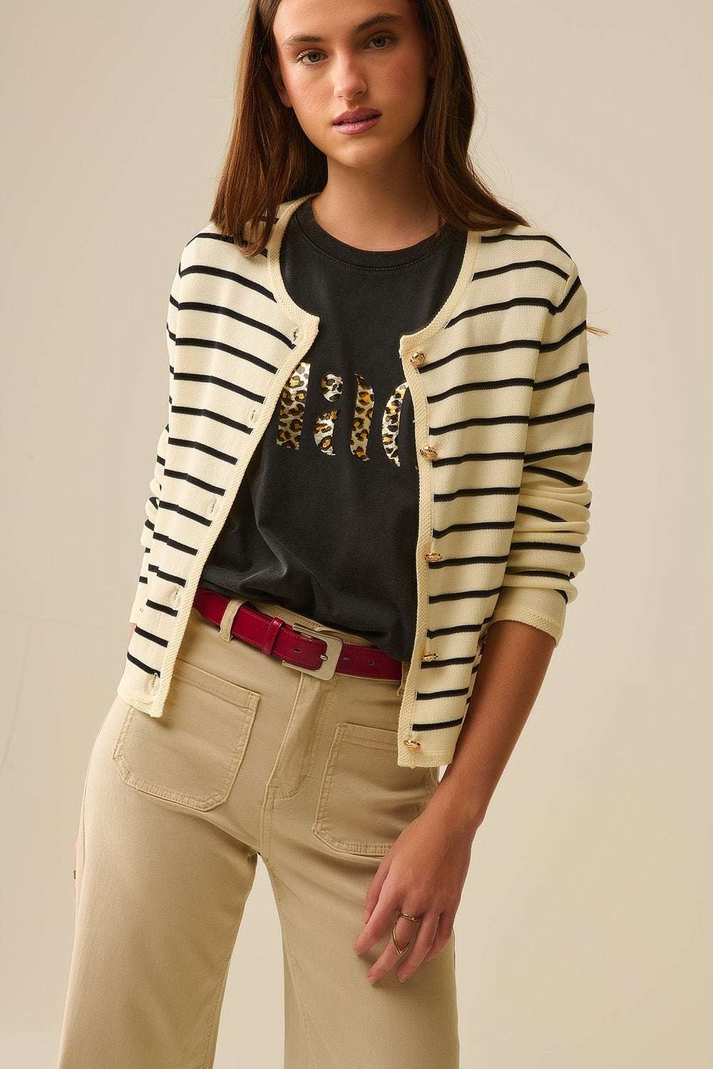 Cream Cardigan with Black Stripes and Gold Buttons - Cardigans