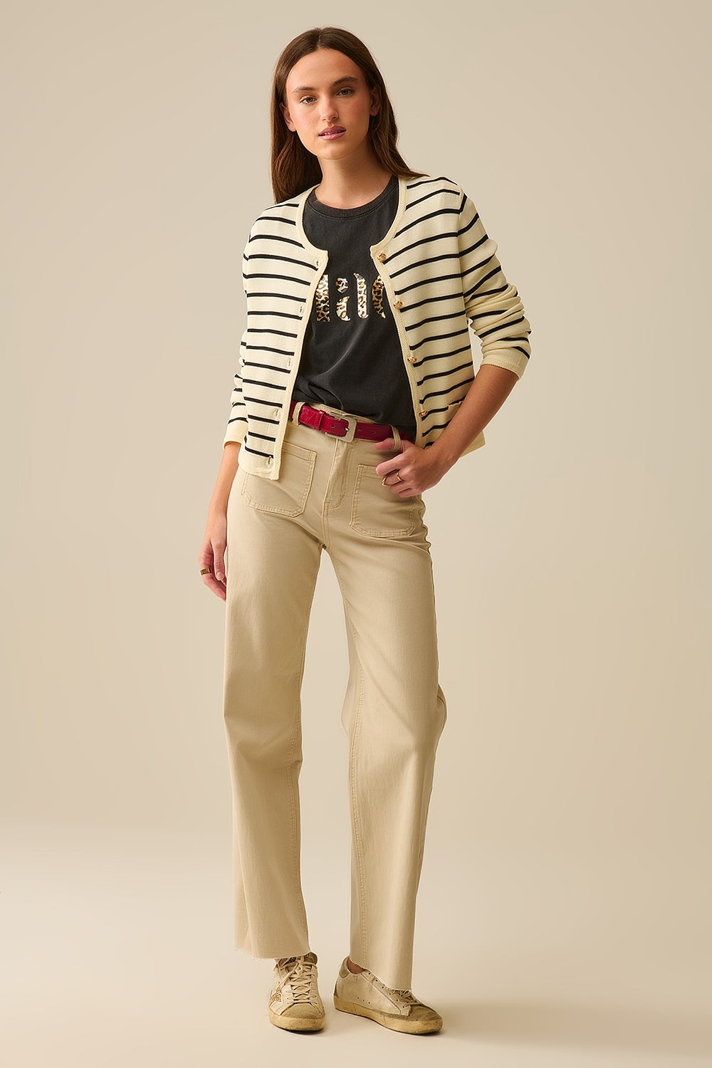 Cream Cardigan with Black Stripes and Gold Buttons - Cardigans