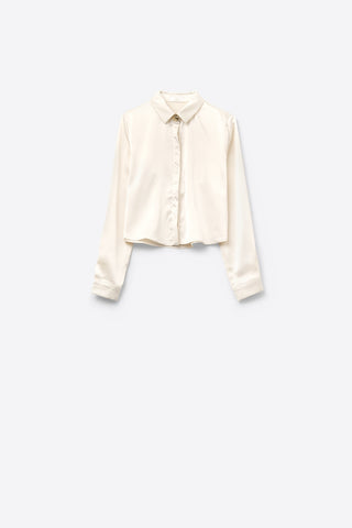 Cream cropped textured satin shirt