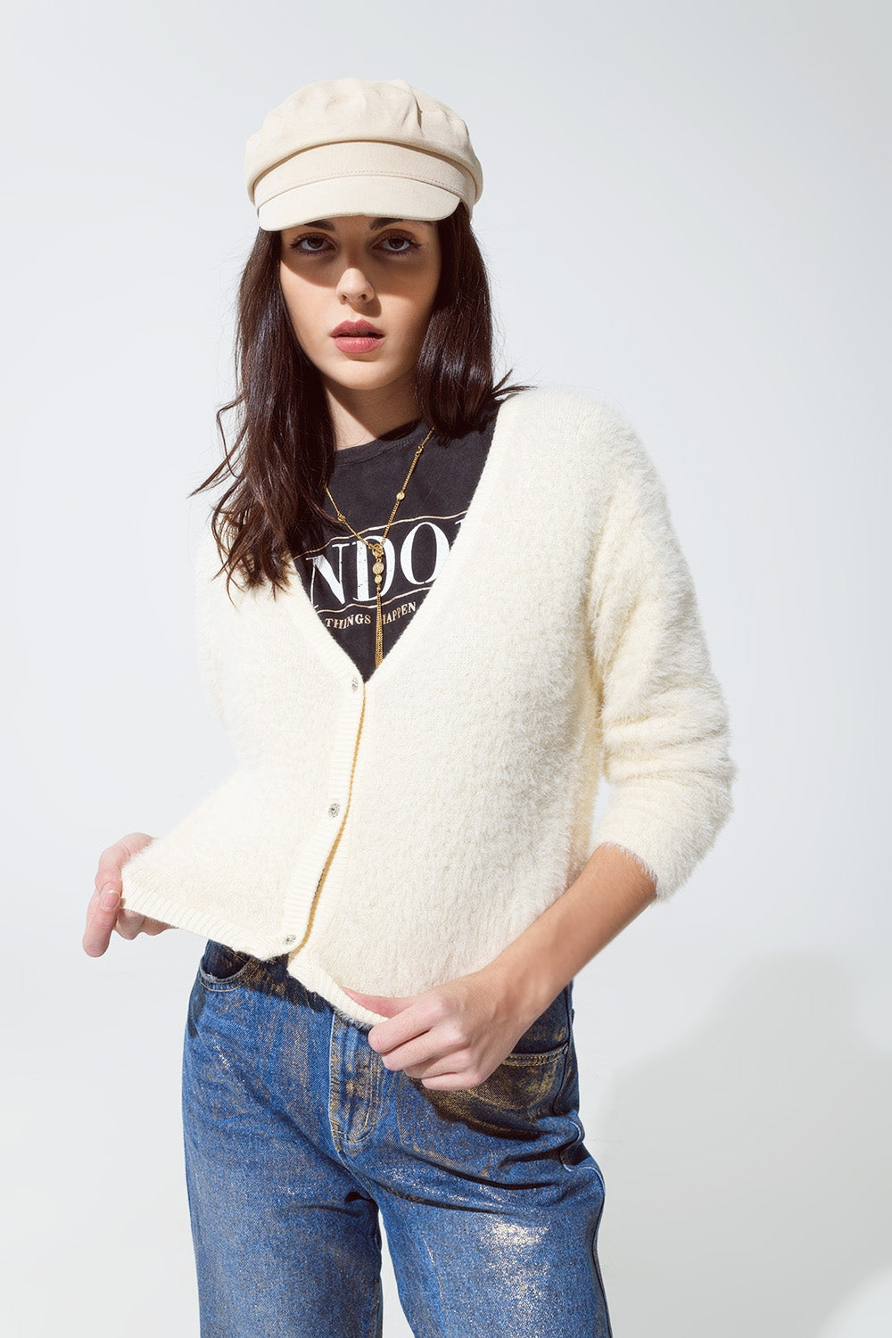 cream fluffy cardigan with silver buttons Q2 Sweaters BoutiqueLua
