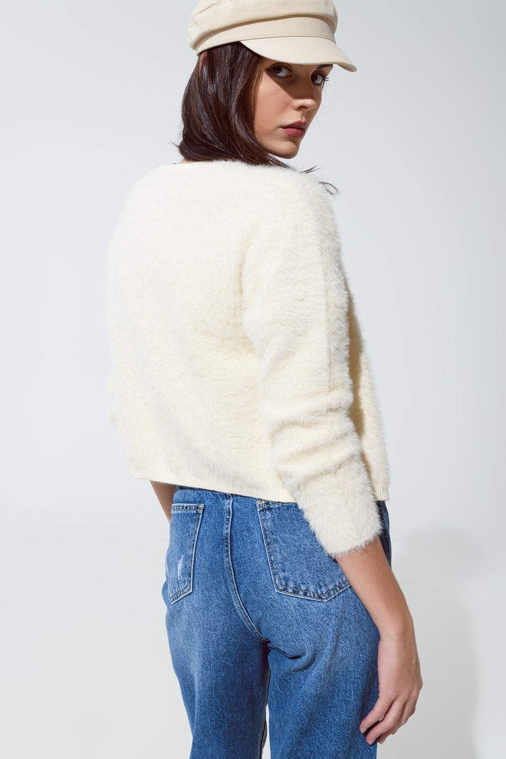 cream fluffy cardigan with silver buttons Q2 Sweaters BoutiqueLua