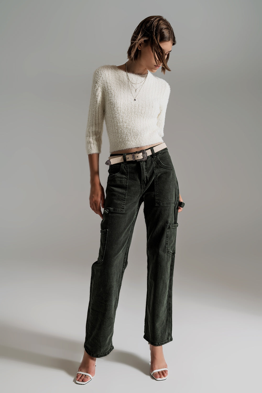 cream fluffy knit sweater with 3/4 sleeves - Jumpers