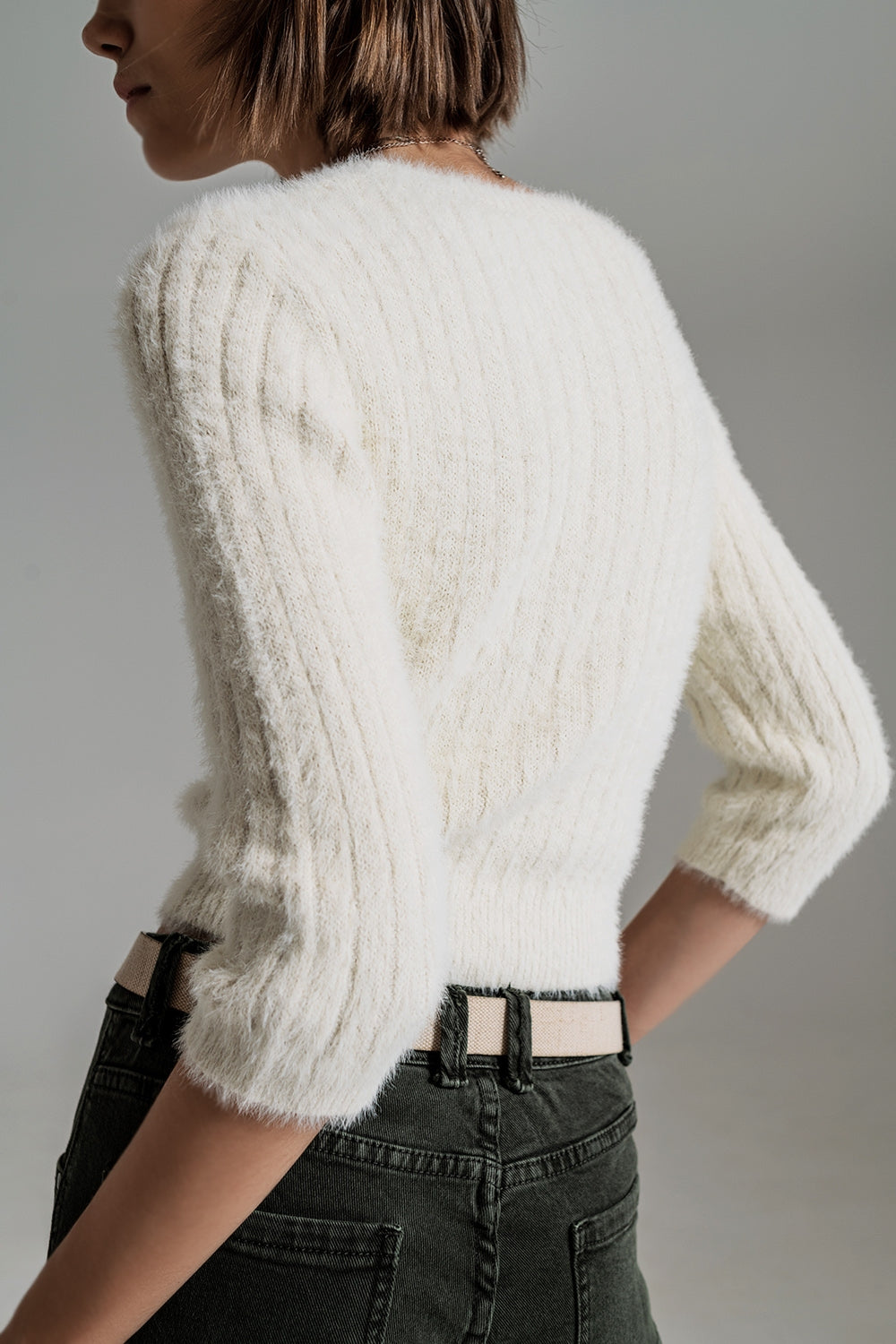 cream fluffy knit sweater with 3/4 sleeves - Jumpers
