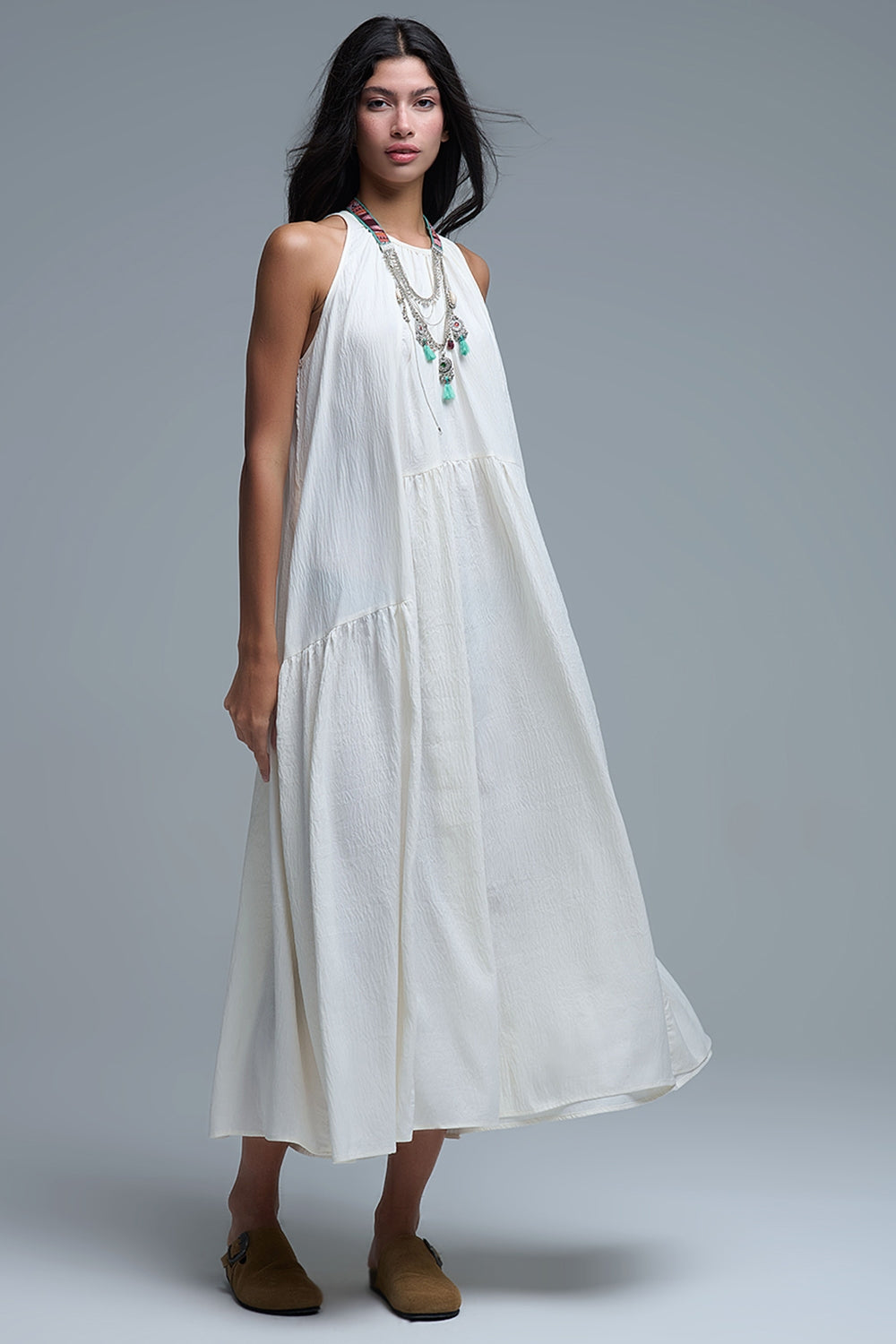 Cream Halter Neck Maxi Dress With Seam Detailing - Dresses