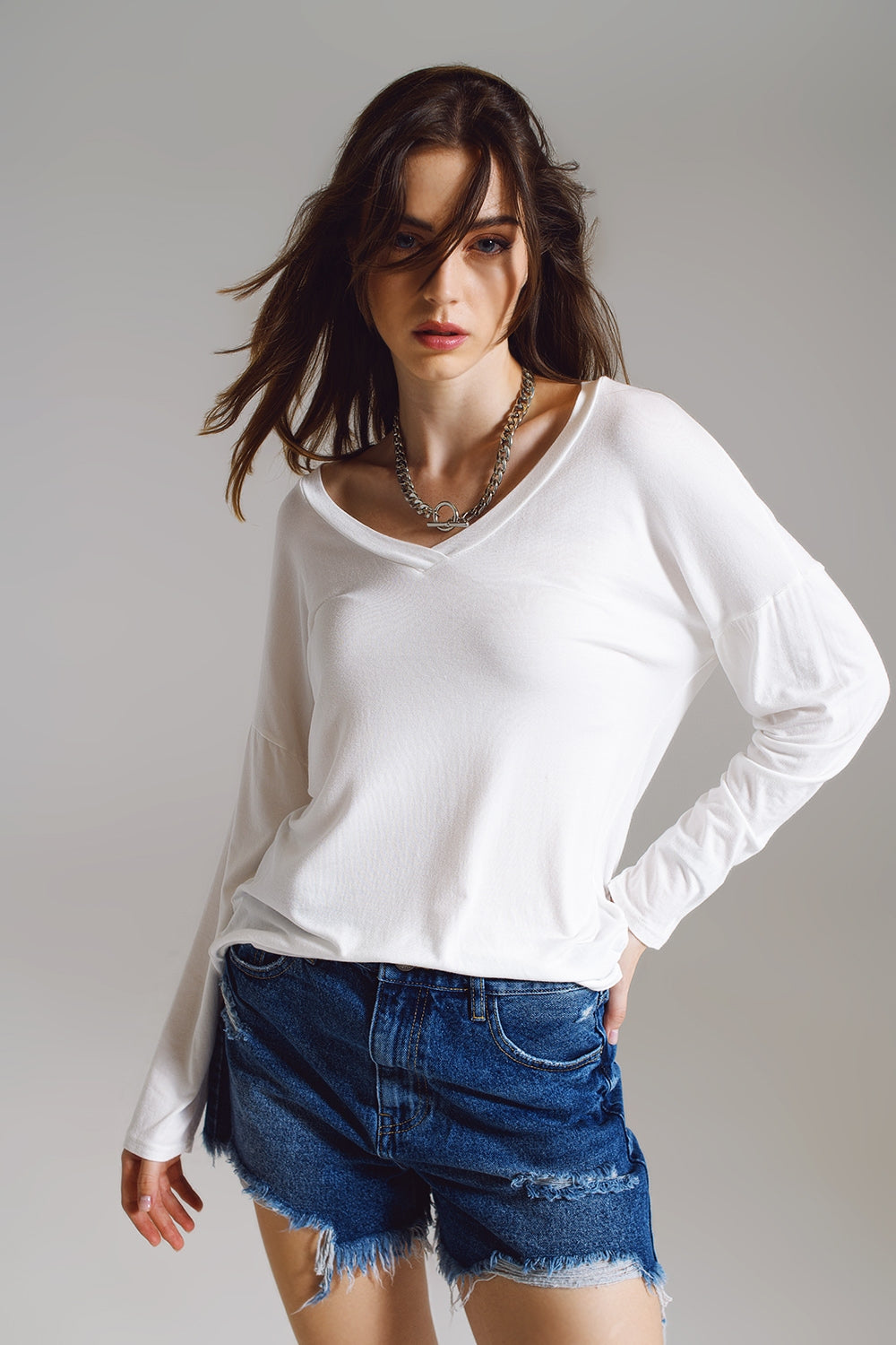 Cream long sleeve v neck top in modal - Tops