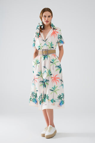 Robe mi-longue crème à imprimé plage et col polo