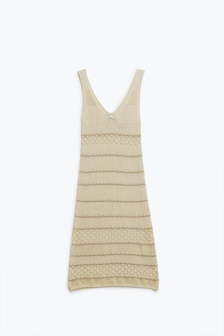 Cream Midi Sleeveless Dress With V-neck and Crochet Design