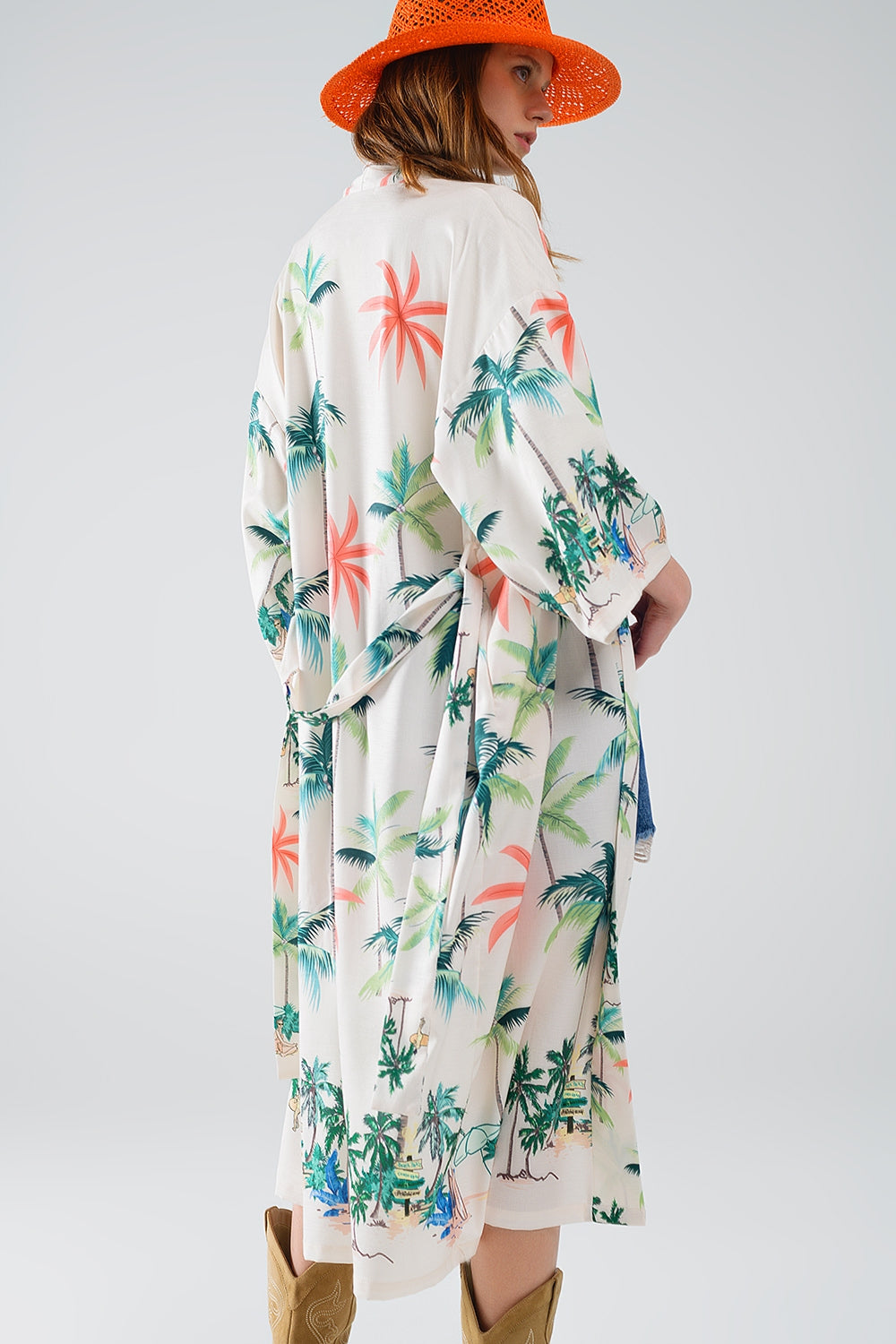 Cream Open Kimono with Beach Print in Midi Length - Kimonos