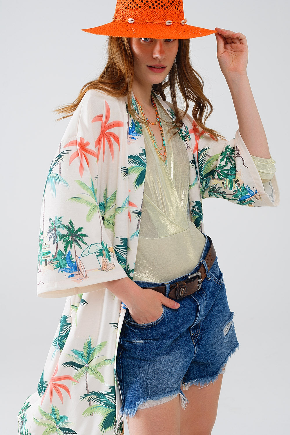 Cream Open Kimono with Beach Print in Midi Length - Kimonos