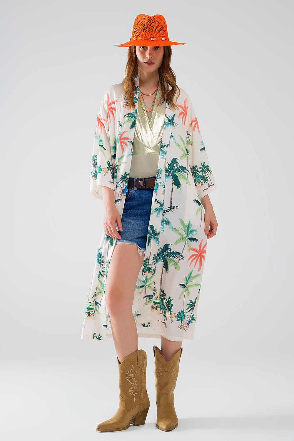 Cream Open Kimono with Beach Print in Midi Length - Kimonos