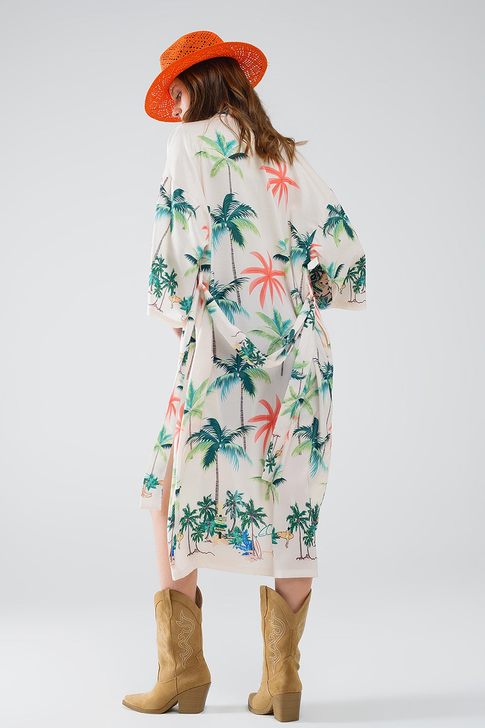 Cream Open Kimono with Beach Print in Midi Length - Kimonos