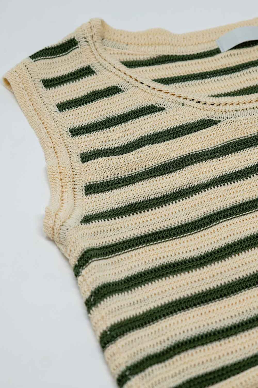 Cream sleeveless knit top with khaki stripes Q2 Sweaters BoutiqueLua