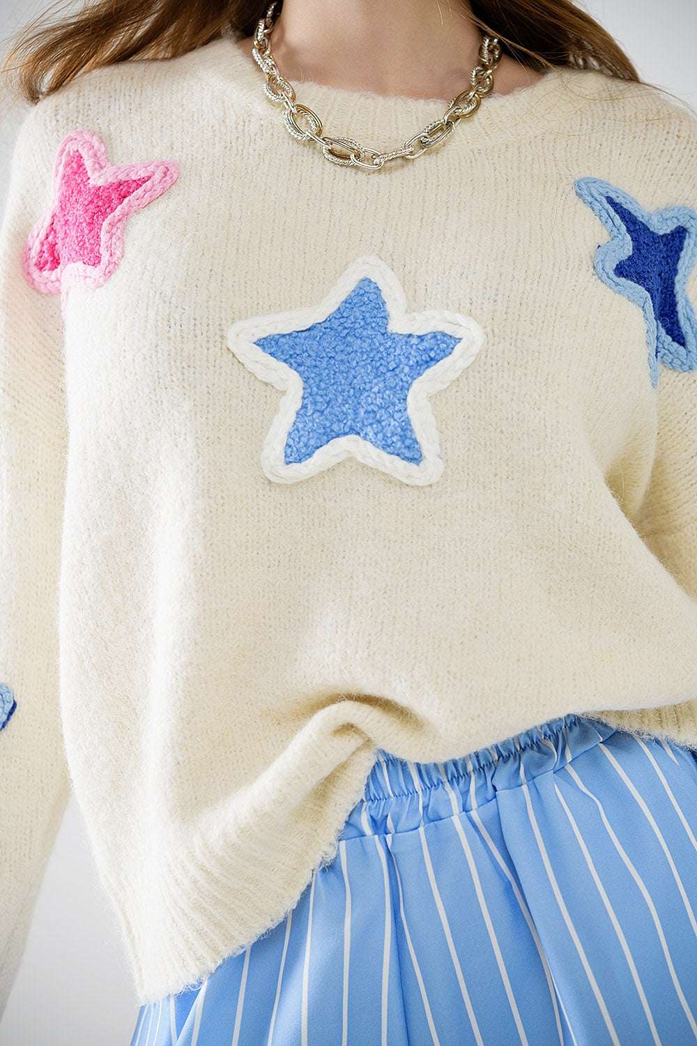 Cream Sweater With Embroidered Stars - Jumpers