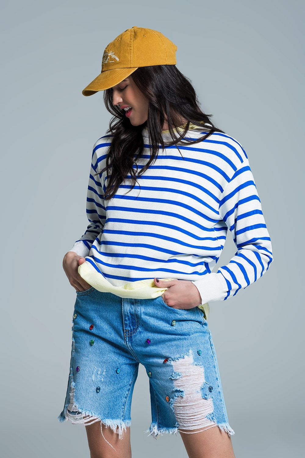 Crew Neck Basic Stripe Sweater in blue Q2 Sweaters BoutiqueLua