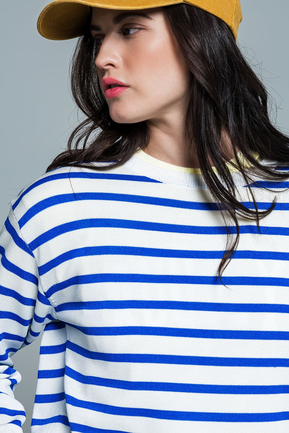 Crew Neck Basic Stripe Sweater in blue Q2 Sweaters BoutiqueLua