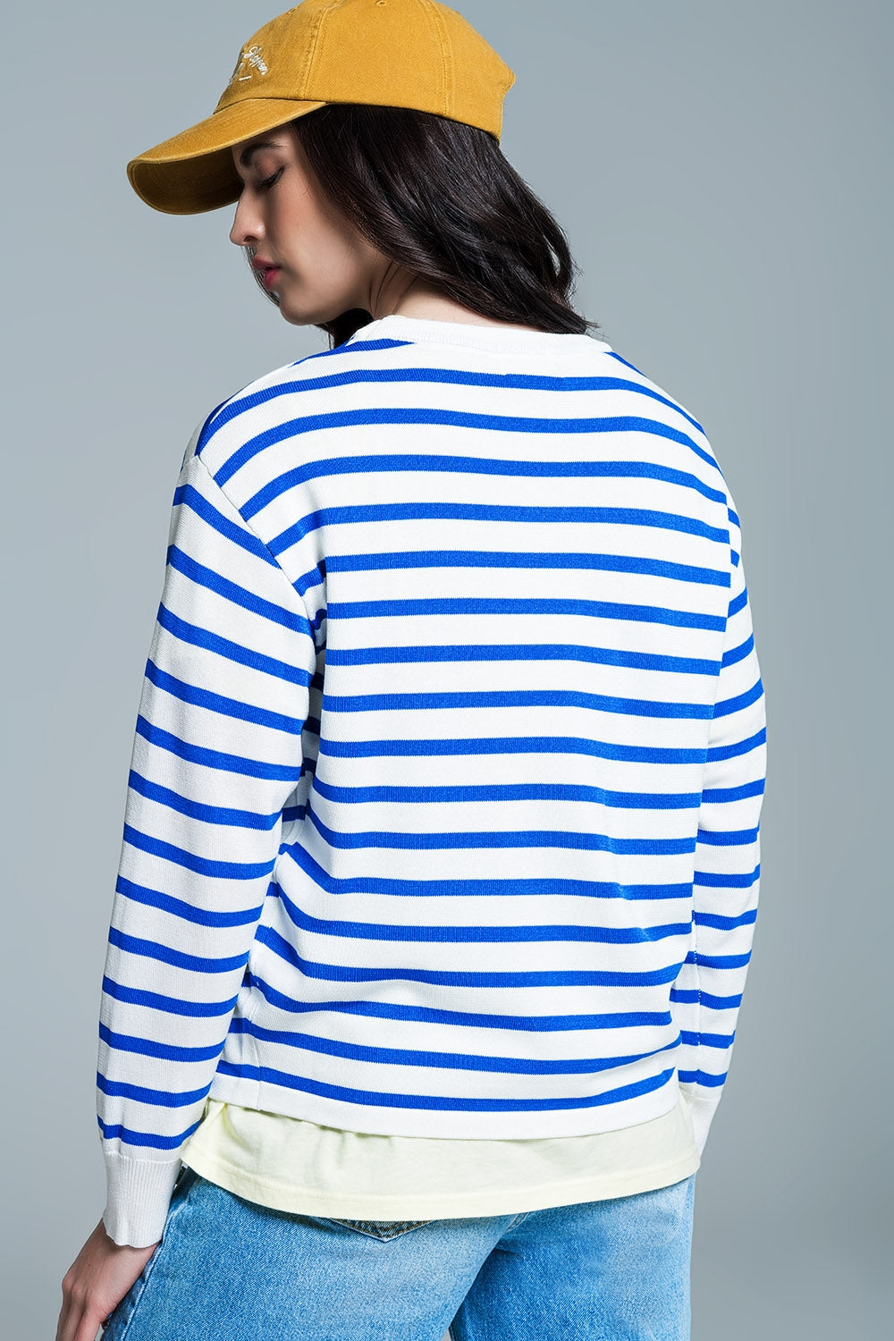 Crew Neck Basic Stripe Sweater in blue Q2 Sweaters BoutiqueLua