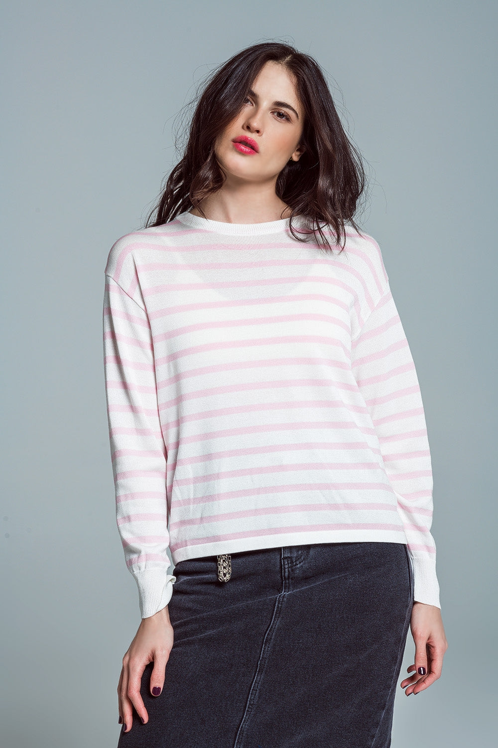 Crew Neck Basic Stripe Sweater in pink Q2 Sweaters BoutiqueLua