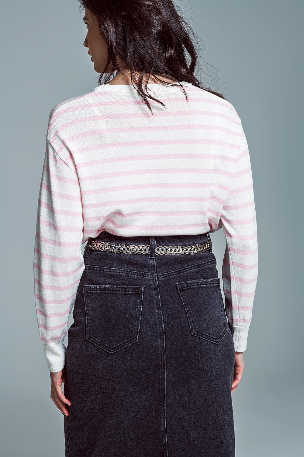 Crew Neck Basic Stripe Sweater in pink Q2 Sweaters BoutiqueLua