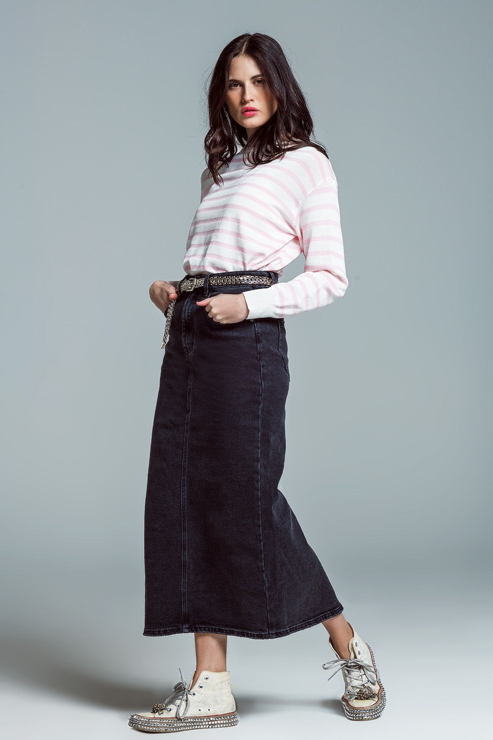Crew Neck Basic Stripe Sweater in pink Q2 Sweaters BoutiqueLua