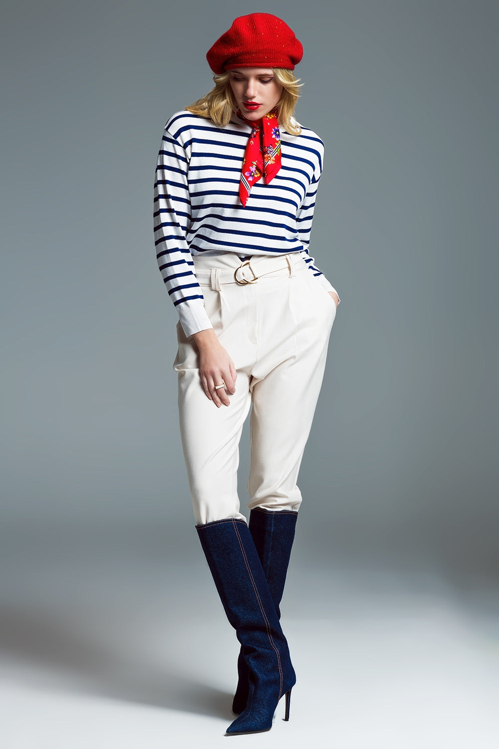 Crew Neck Basic Stripe Sweater in White and Navy Q2 Sweaters BoutiqueLua