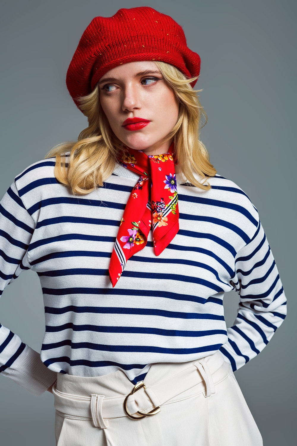 Crew Neck Basic Stripe Sweater in White and Navy Q2 Sweaters BoutiqueLua