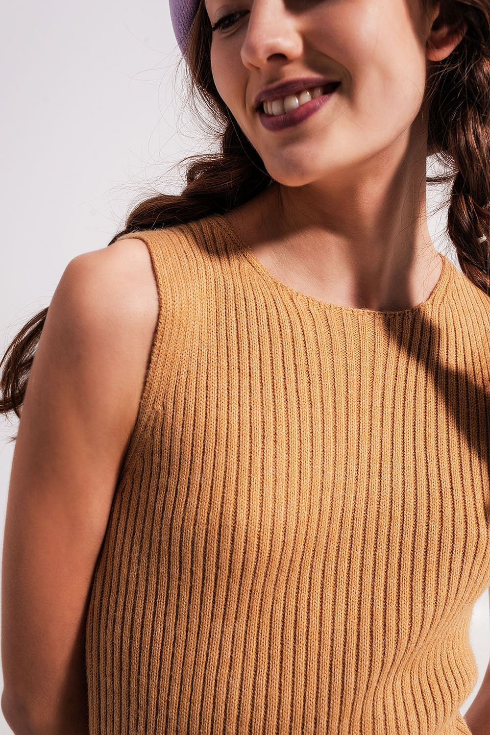 Crew neck ribbed midi dress in beige - Dresses
