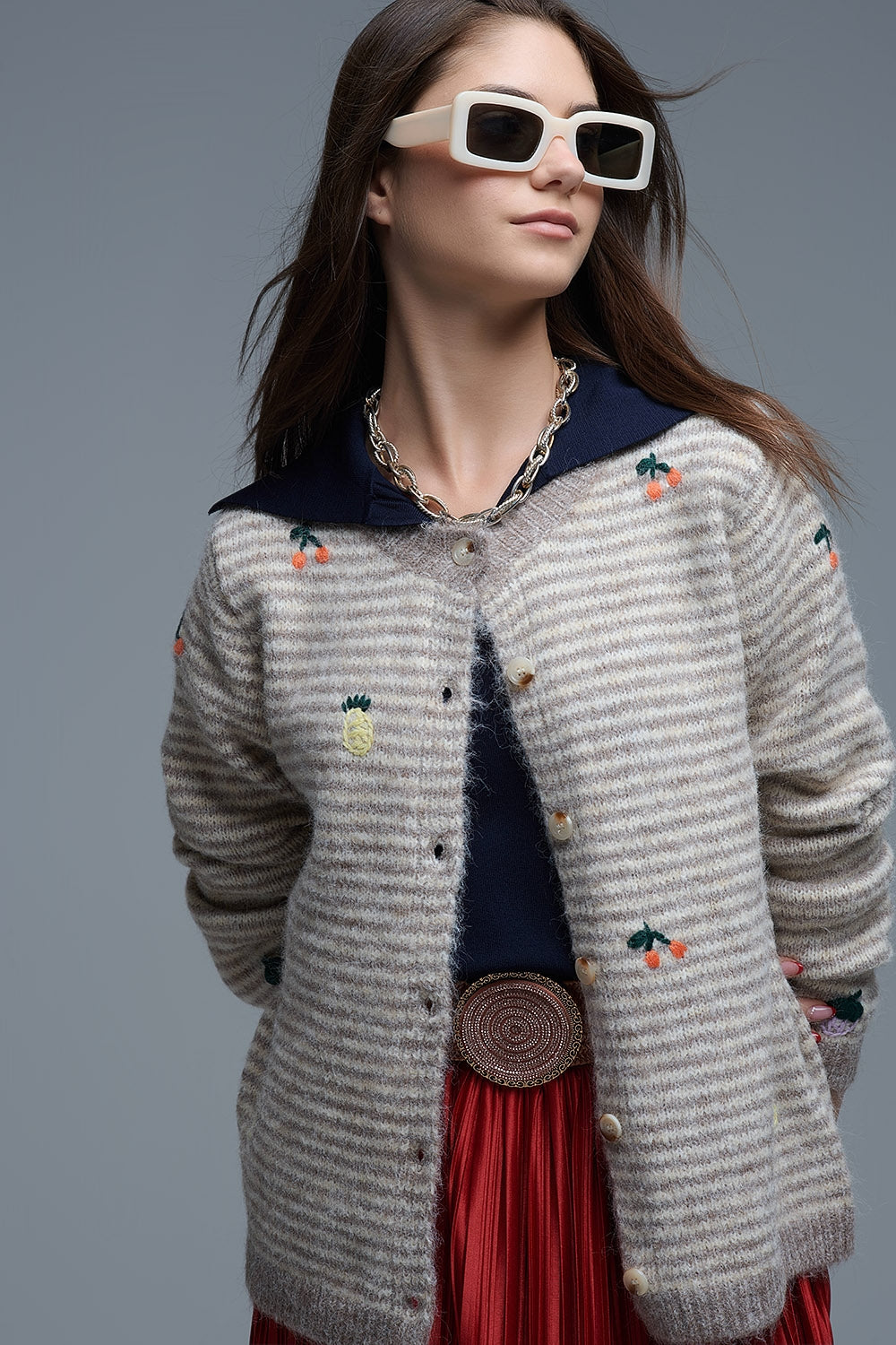 Crew Neck Striped Cardigan With Embroidered Fruits in Beige - Sweaters