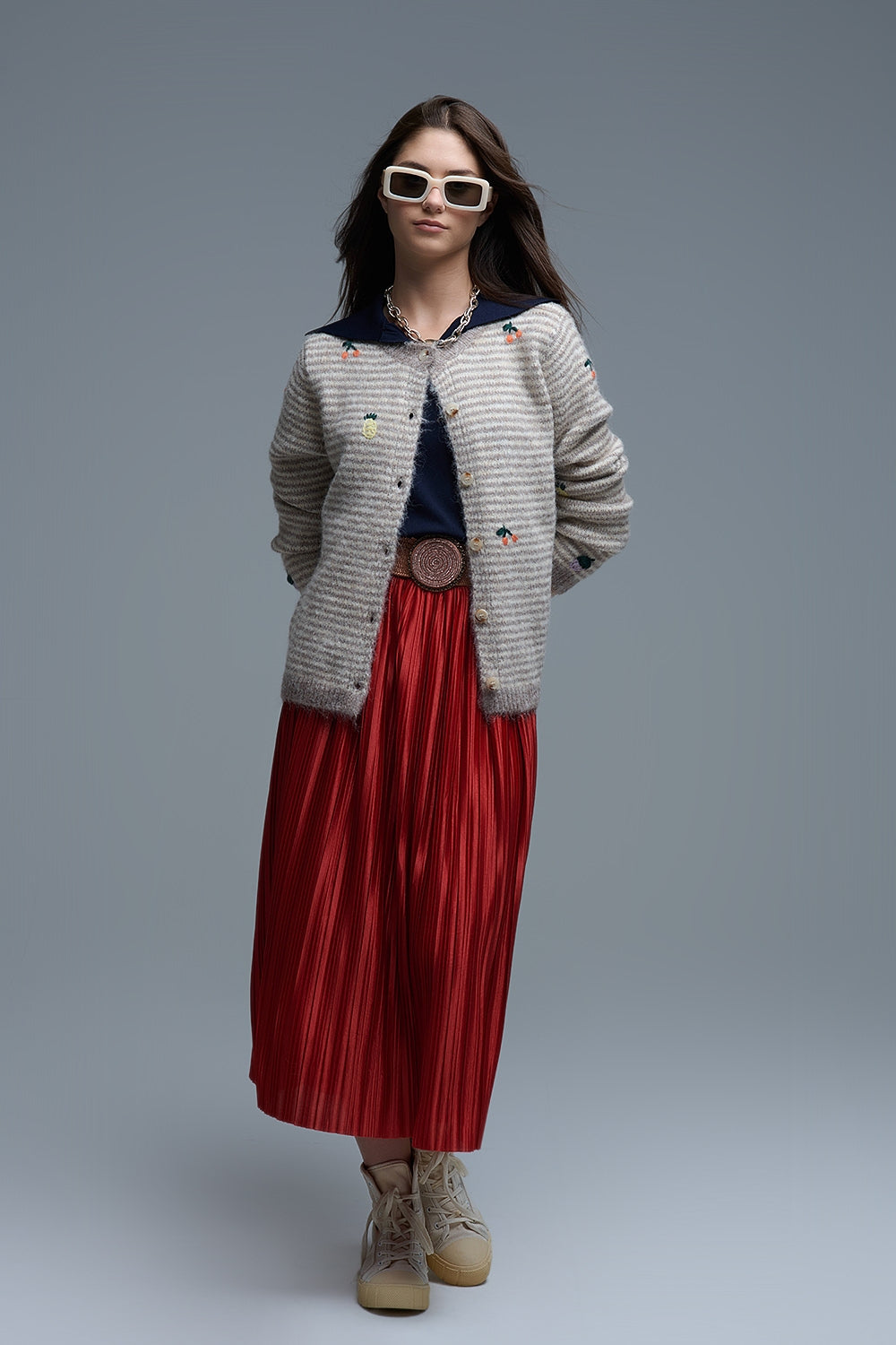 Crew Neck Striped Cardigan With Embroidered Fruits in Beige - Sweaters