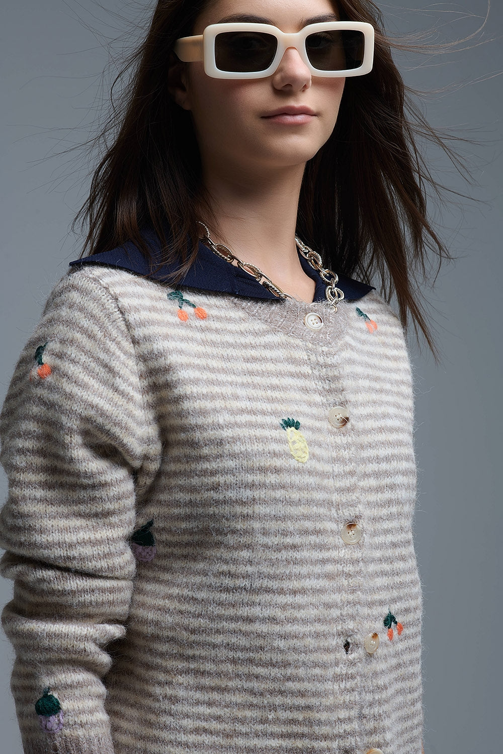 Crew Neck Striped Cardigan With Embroidered Fruits in Beige - Sweaters