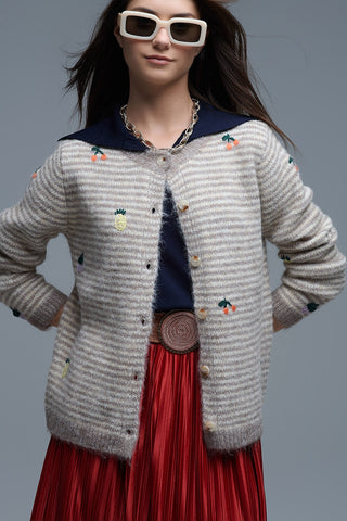 Crew Neck Striped Cardigan With Embroidered Fruits in Beige