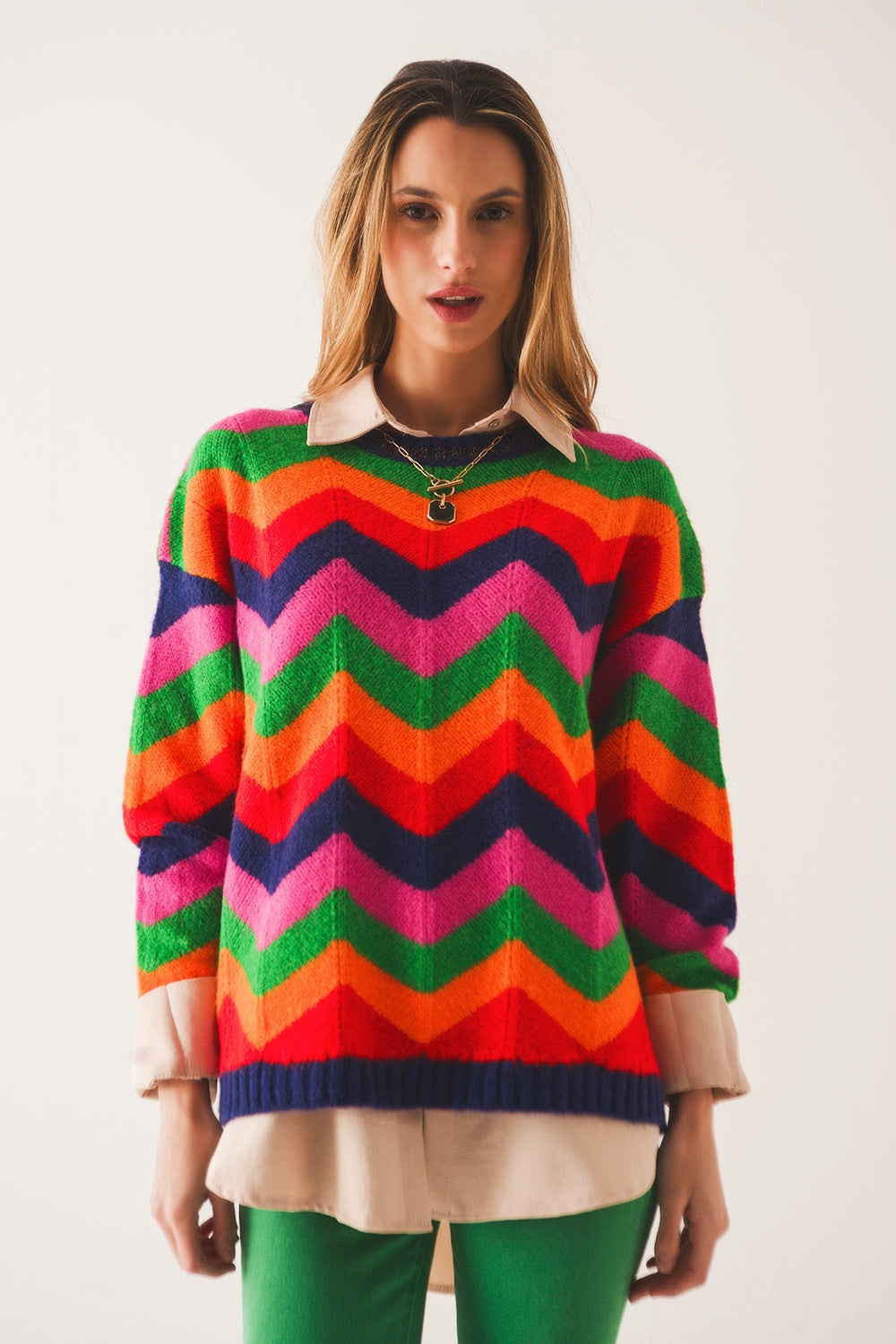 Crew neck striped knit sweater in multi - Jumpers