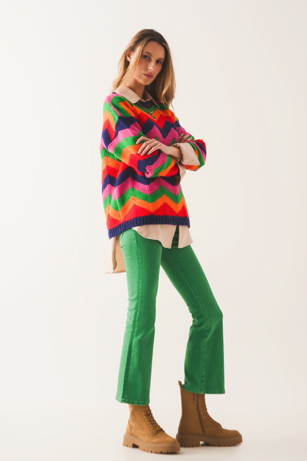 Crew neck striped knit sweater in multi - Jumpers