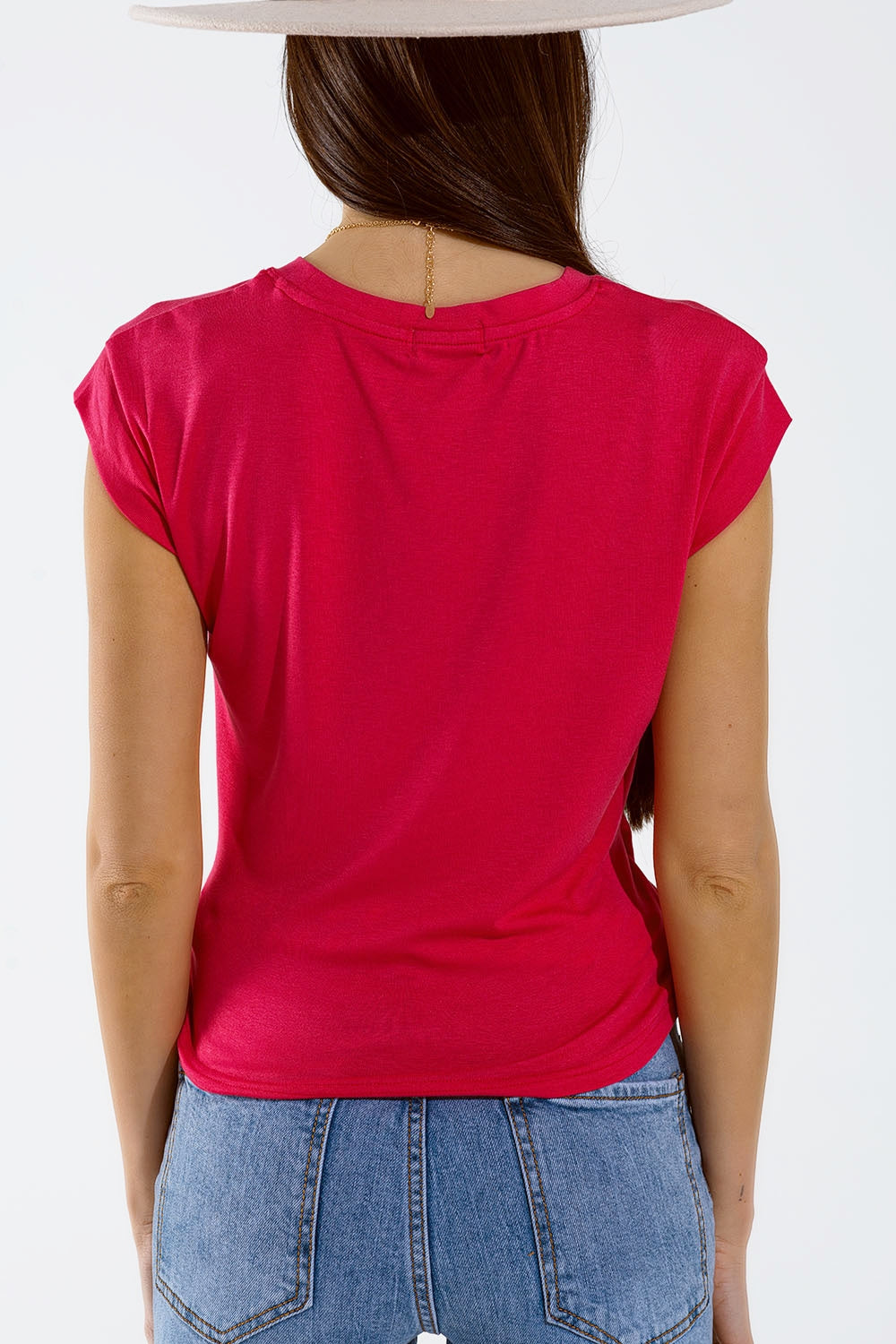 Crew neck T-Shirt with draped design and cap sleeve In Fuschia - Tops