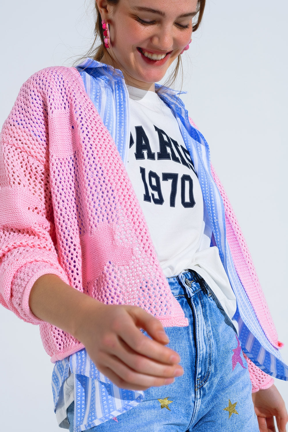 Crochet Cardigan With Knitted Clouds In Pink - Cardigans