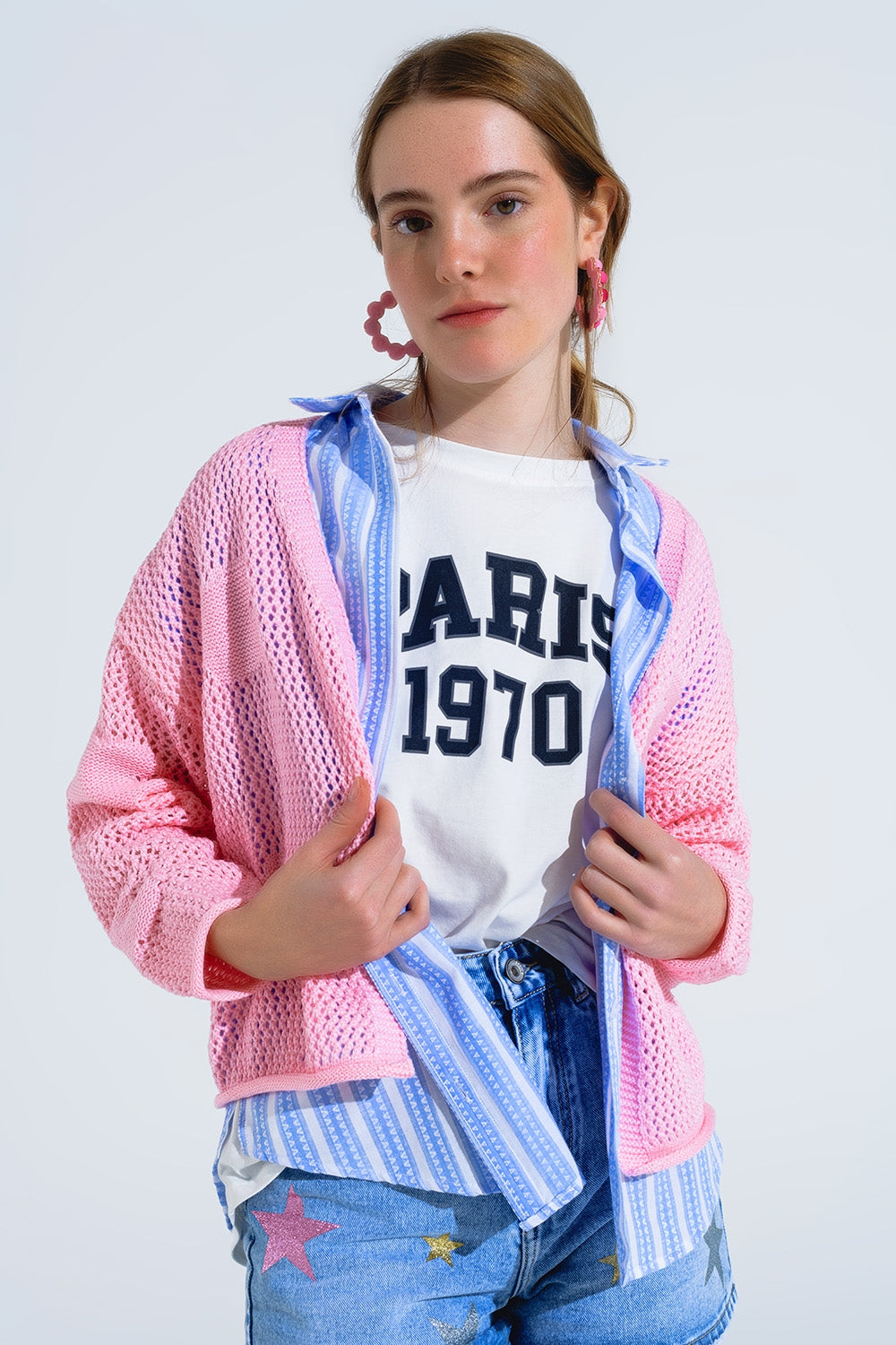 Crochet Cardigan With Knitted Clouds In Pink - Cardigans
