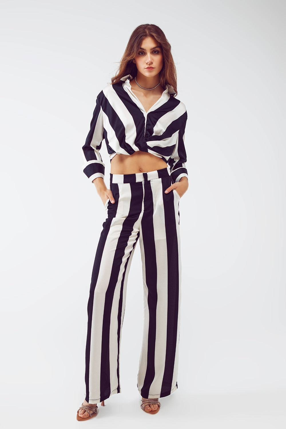 Crop Shirt With Knot Detail in Black and White Stripes - Shirts