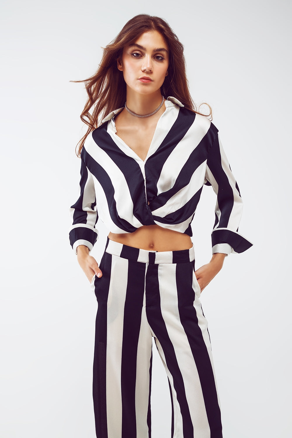 Crop Shirt With Knot Detail in Black and White Stripes - Shirts