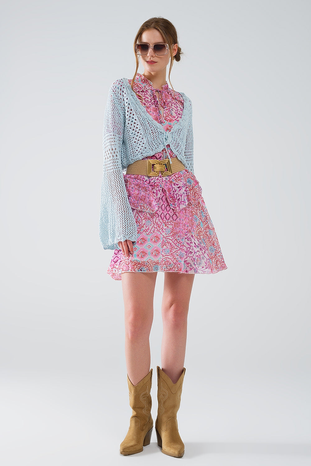 Cropped Cardigan In Baby Blue With Tie Closing - Cardigans