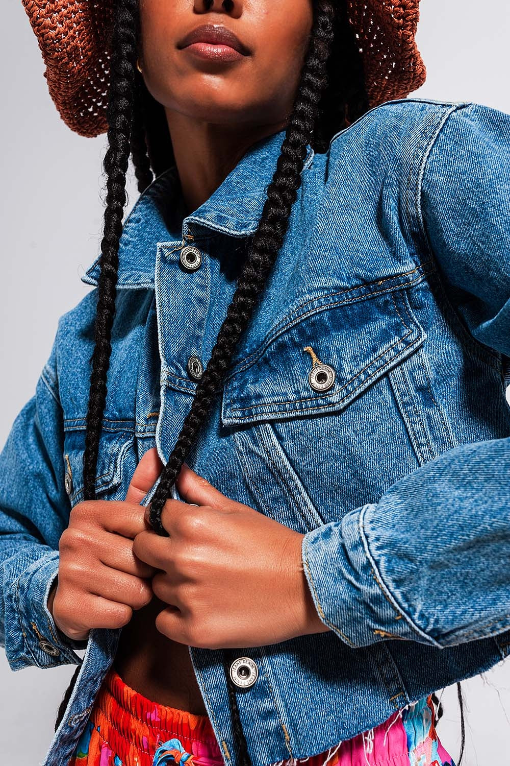 Cropped denim jacket with raw hem in mid wash Q2 Coats and Jackets BoutiqueLua