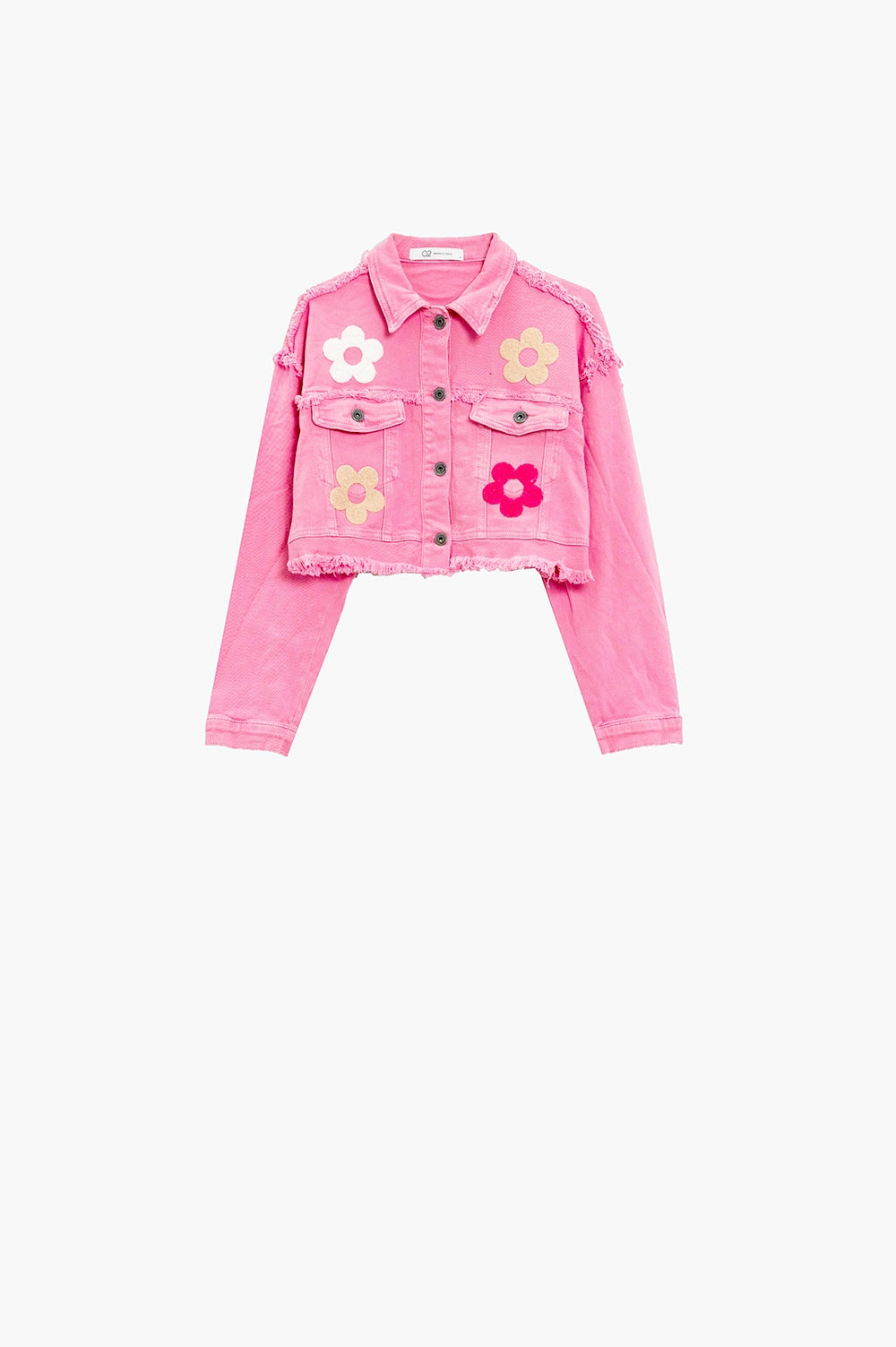 Cropped Jacket With Chest Pockets and Flower Details in Pink - Jackets