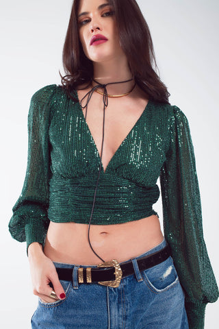 Haut court à manches longues et sequins avec col en V et design froncé en vert