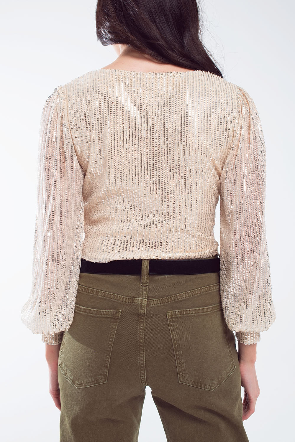 Cropped long Sleeve Sequin Top With V-neck and Rouched Design in Pearl White Q2 Tops BoutiqueLua